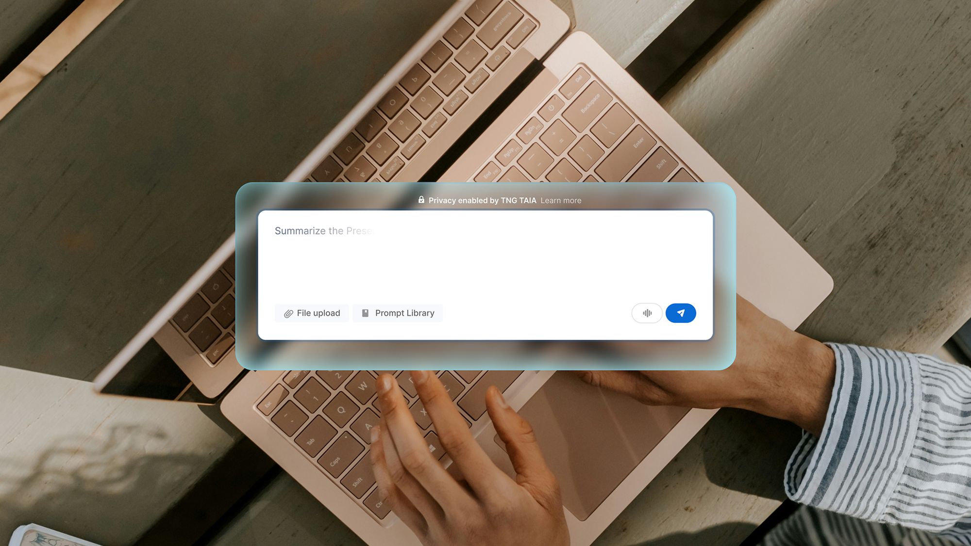 AI assistant interface overlay on a laptop screen with options to upload files and use a prompt library.
