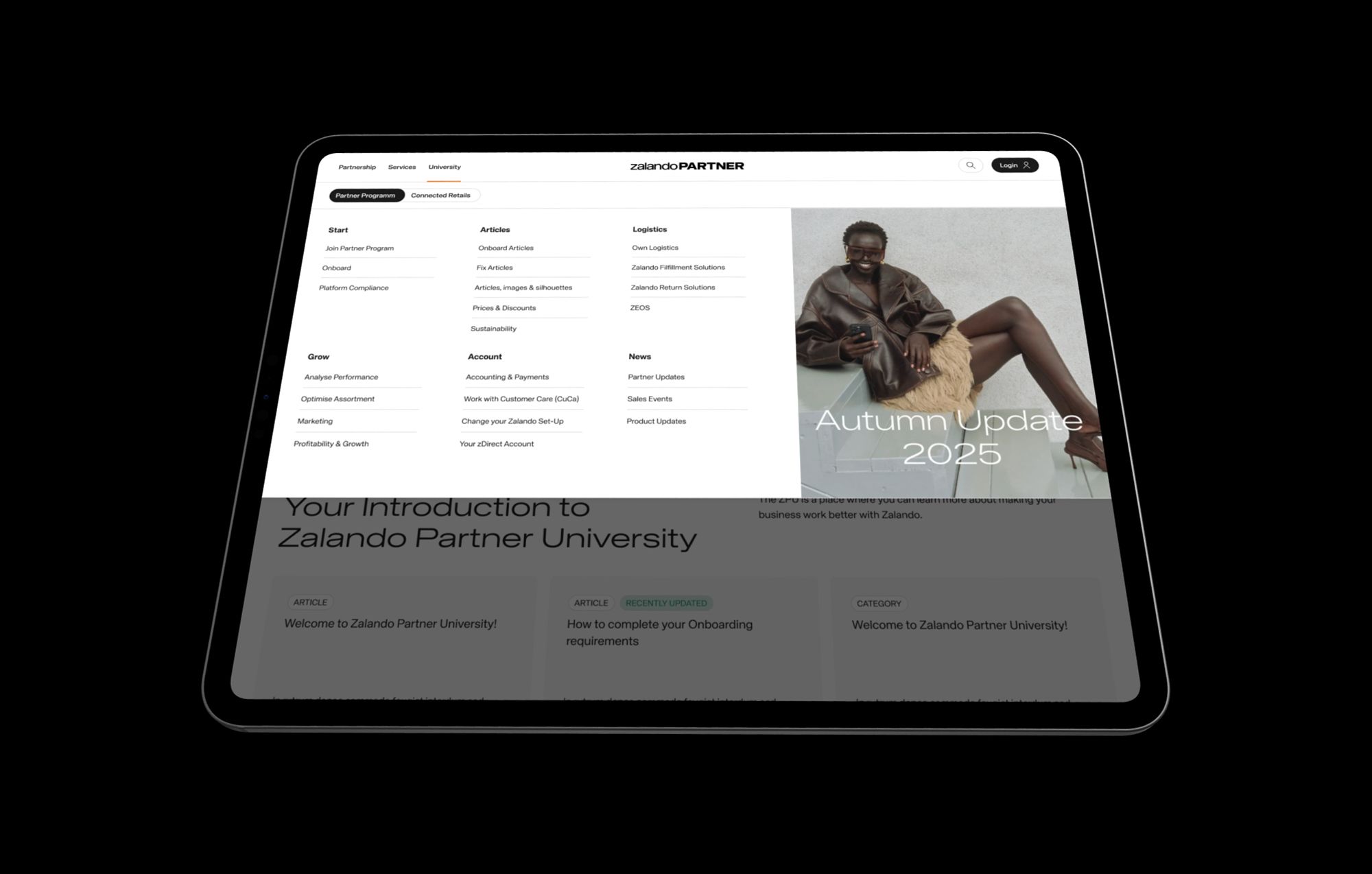 Tablet displaying the Zalando Partner University page with navigation menu and an autumn update banner.