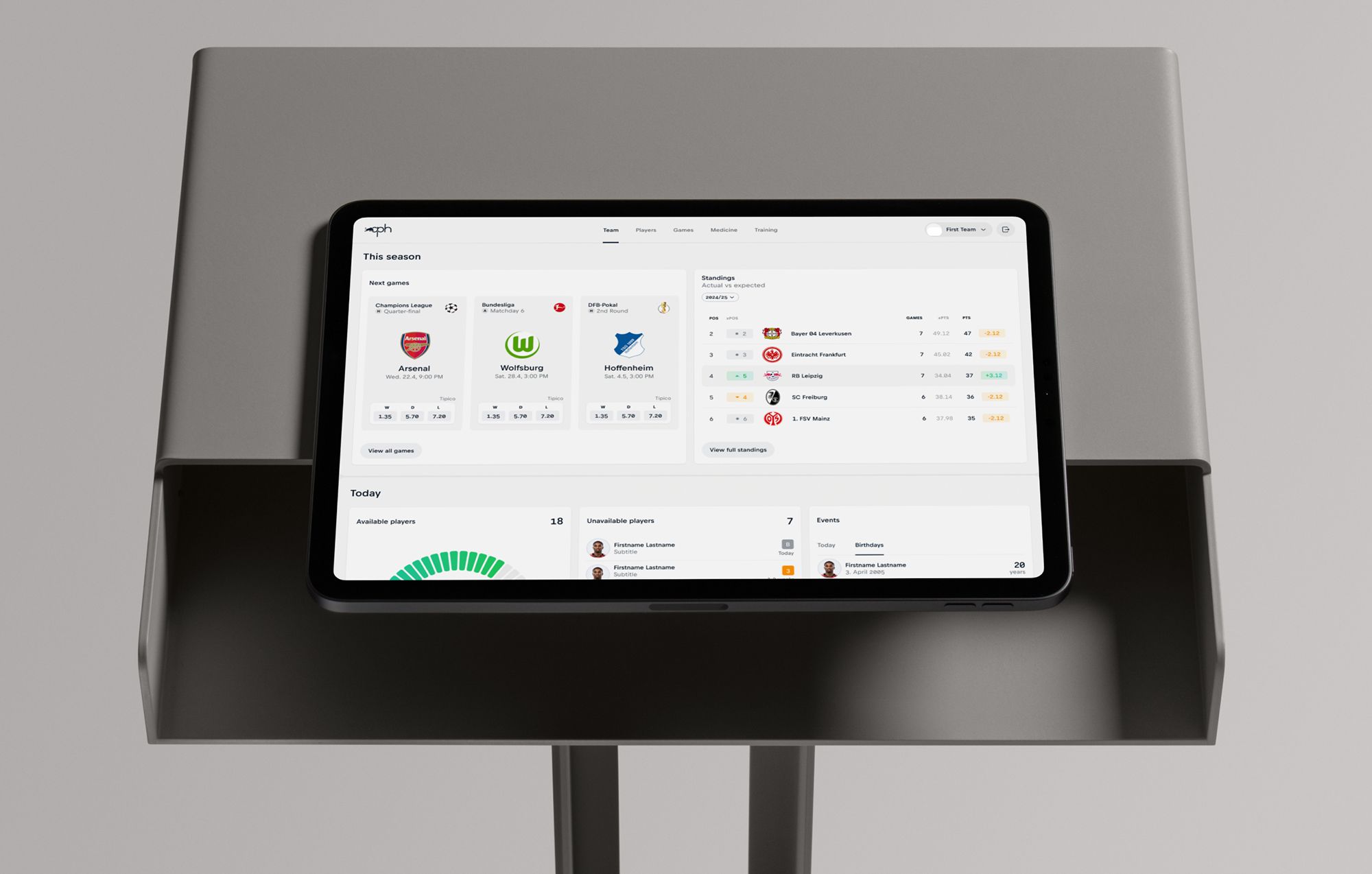 Tablet on a stand displaying a sports team management and performance analytics dashboard.