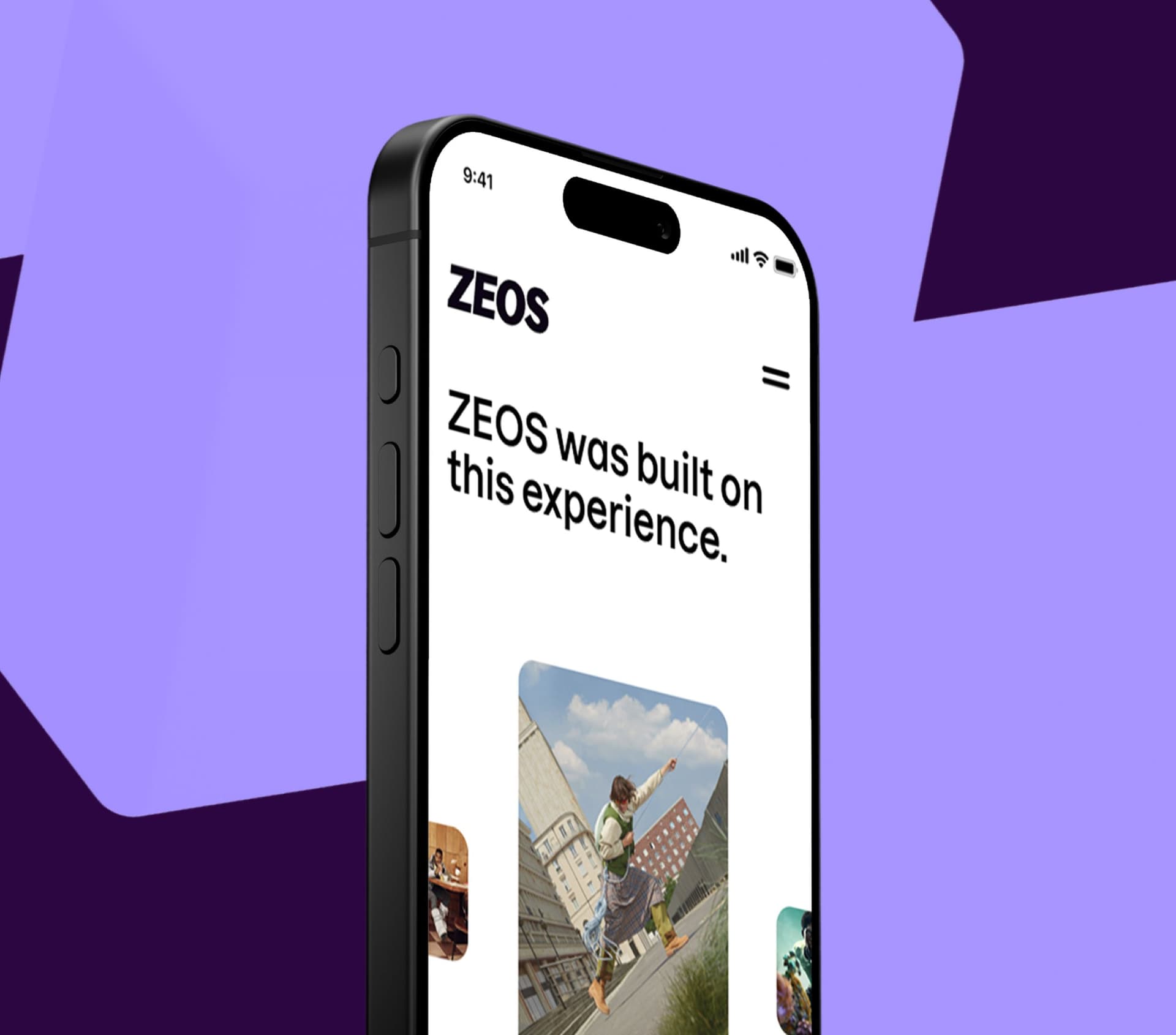 A smartphone with the ZEOS website on the screen, featuring bold text and a photo of a person jumping in an urban setting, against a purple background