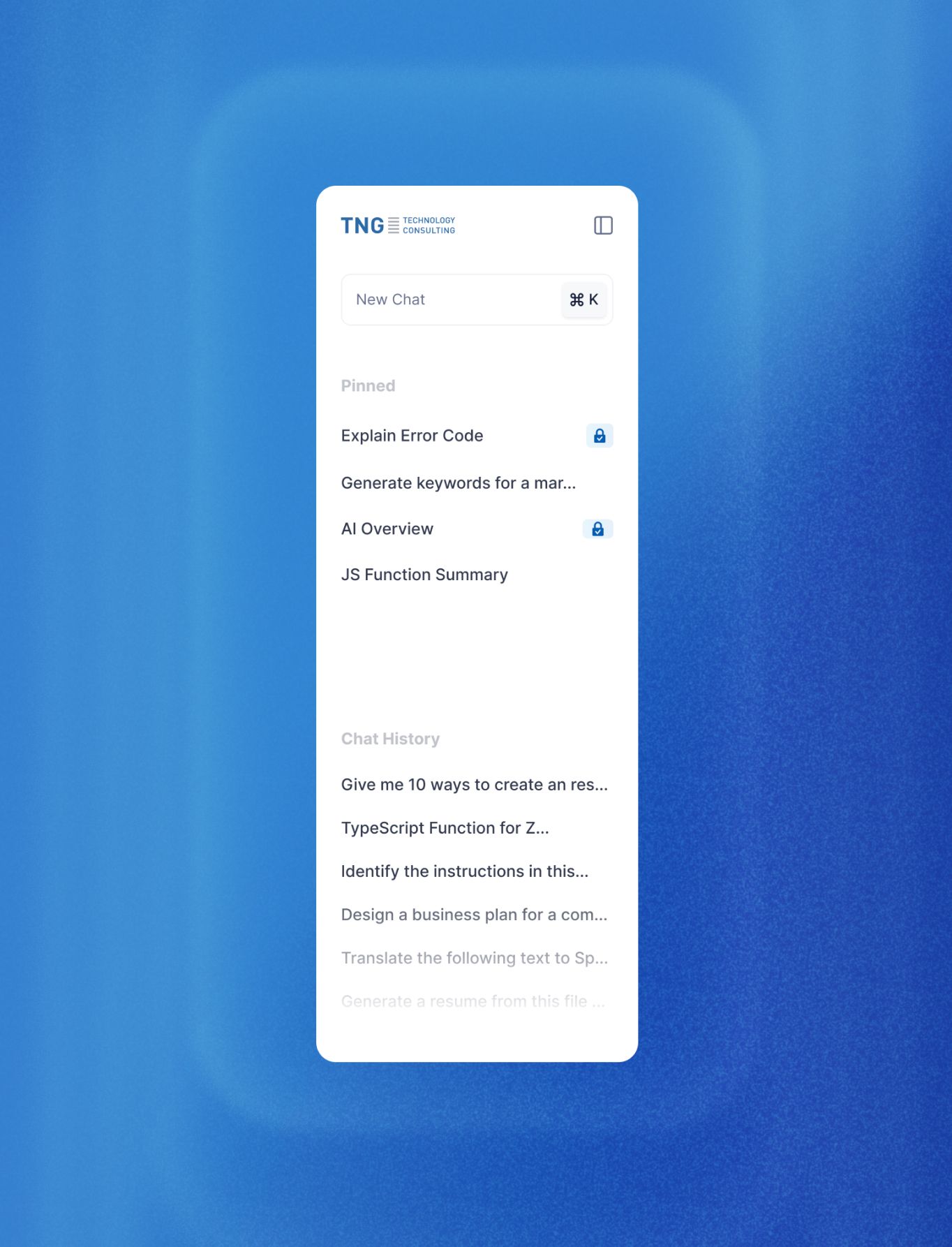 Sidebar interface of the TAIA AI tool showing pinned prompts and chat history.