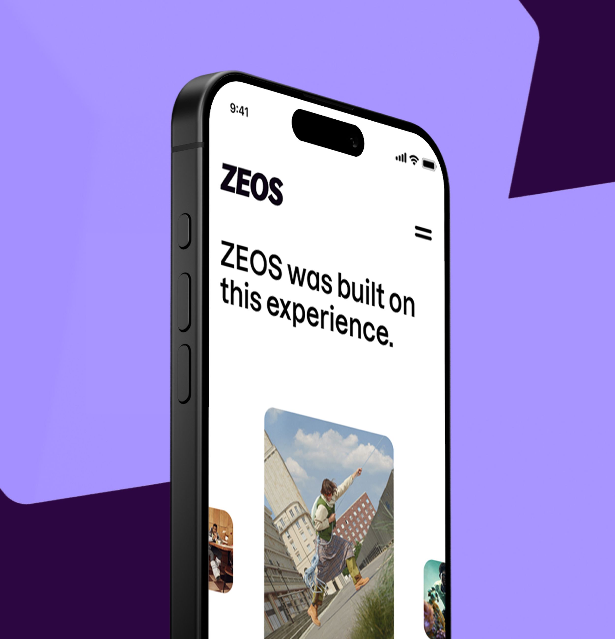 A smartphone with the ZEOS website on the screen, featuring bold text and a photo of a person jumping in an urban setting, against a purple background