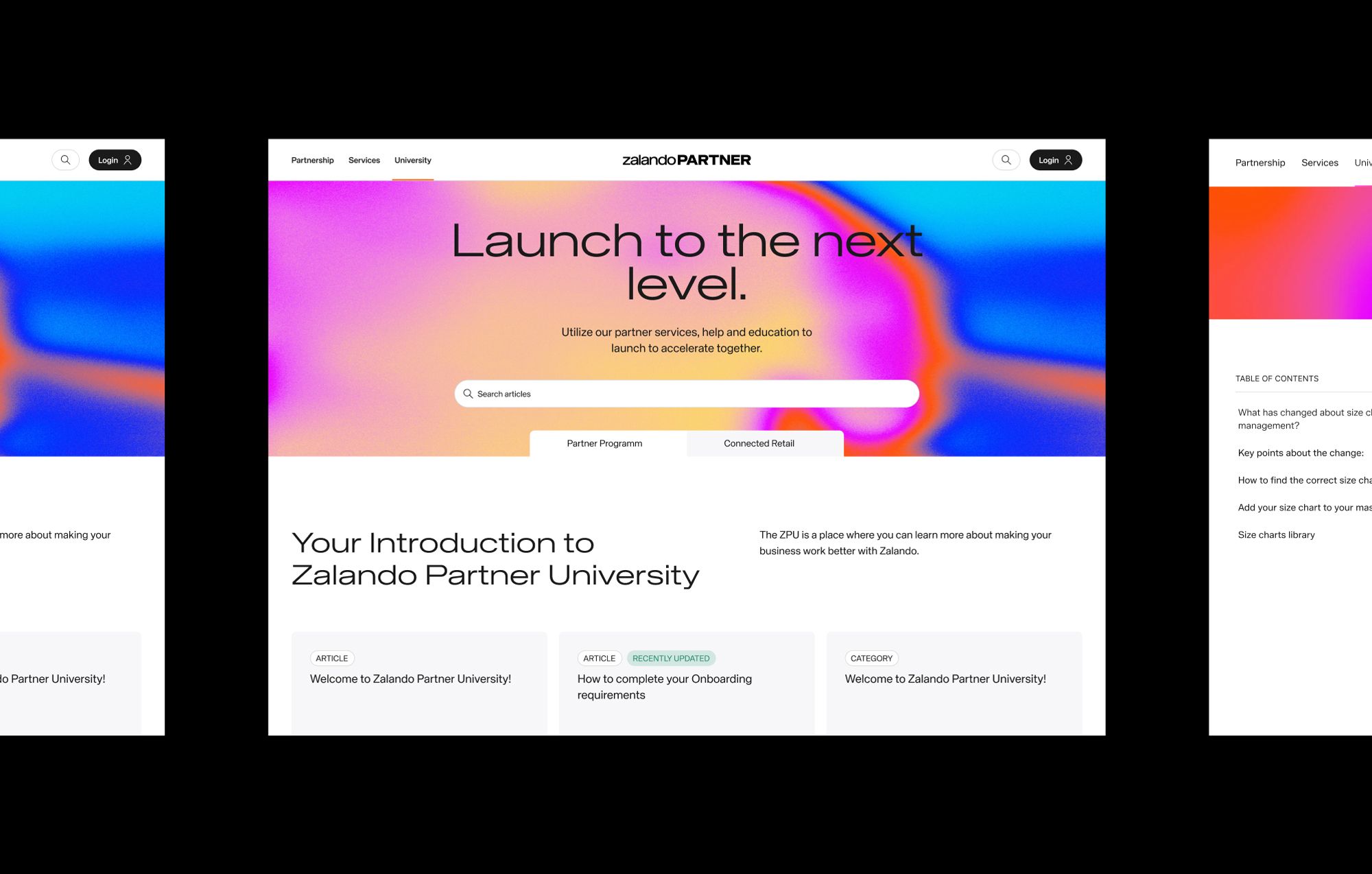 Website homepage for Zalando Partner University with colorful gradient header and search bar.