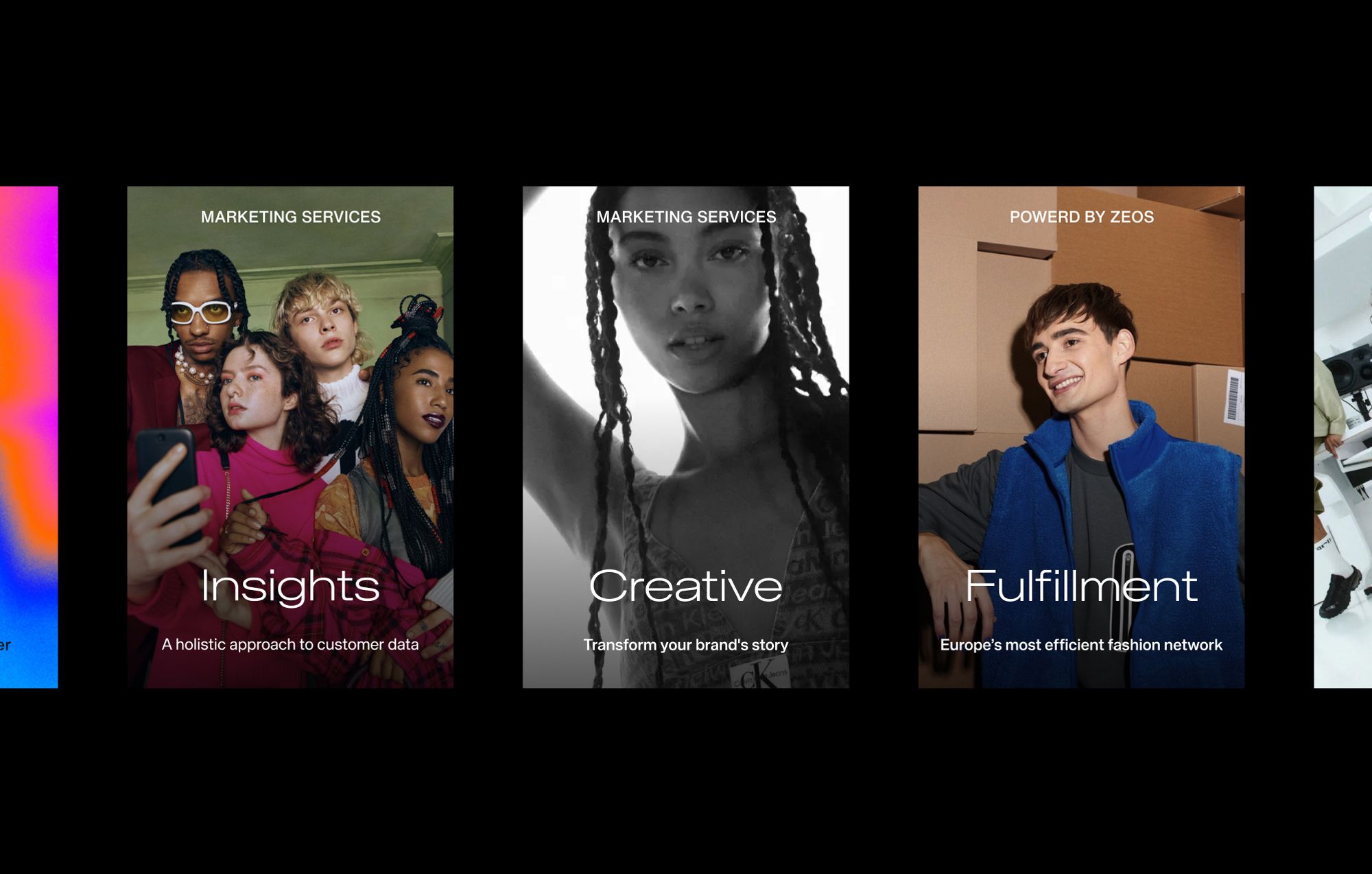 Website cards presenting marketing services including insights, creative, and fulfillment with fashion imagery.