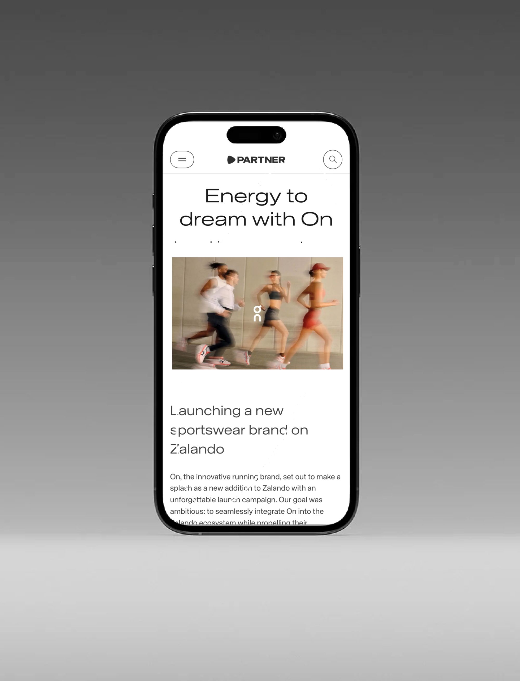 Smartphone displaying a Zalando Partner case study page about launching a sportswear brand.