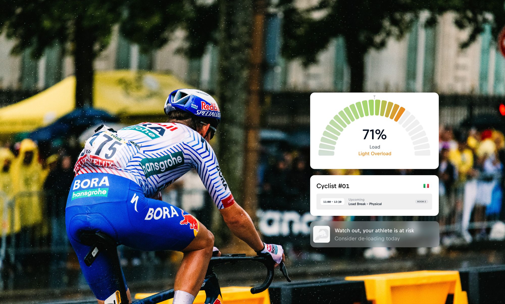 Professional road cyclist riding in the rain during a race with a digital performance load dashboard overlay.